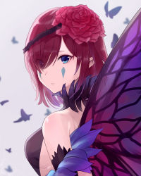 Rule 34 | 1girl, blue eyes, breasts, closed mouth, eyes visible through hair, facial mark, fairy wings, fire emblem, fire emblem heroes, flower, from side, hair flower, hair ornament, hair over one eye, haru (nakajou-28), highres, nintendo, pointy ears, purple hair, sideboob, solo, triandra (fire emblem), upper body, wings
