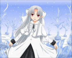 Rule 34 | 00s, border, dress, ice, melty blood, pointy ears, red eyes, ribbon, smile, snow, solo, tsukihime, ultra no ani, white hair, white len (tsukihime)