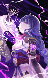 Rule 34 | 1girl, absurdres, between breasts, braid, breasts, cleavage, from side, genshin impact, half-closed eyes, highres, human scabbard, japanese clothes, kimono, large breasts, long hair, looking at viewer, low-braided long hair, low-tied long hair, mitsudomoe (shape), purple eyes, purple hair, purple kimono, raiden shogun, solo, sword, tomoe (symbol), vardan, very long hair, vision (genshin impact), weapon, wide sleeves