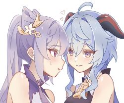Rule 34 | 2girls, ahoge, bare shoulders, bell, blue hair, blush, closed mouth, commentary, cone hair bun, ganyu (genshin impact), genshin impact, hair bun, hashtag-only commentary, highres, horns, keqing (genshin impact), long hair, multiple girls, neck bell, parted lips, purple eyes, purple hair, simple background, smile, sweat, twintails, upper body, white background, wu qin (gyxx 04), yuri