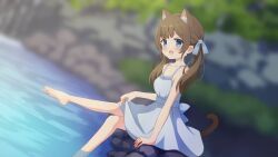 Rule 34 | 1girl, :3, absurdres, animal ears, barefoot, blue eyes, blurry, blurry background, blush, bow, brown hair, cat ears, cat girl, cat tail, dress, fang, feet, foot out of frame, hair ribbon, highres, indie virtual youtuber, itigori ena, legs, long hair, looking at viewer, low twintails, mole, mole under eye, on rock, open mouth, outdoors, outstretched leg, ribbon, rock, sash, sitting, sitting on rock, skin fang, sleeveless, sleeveless dress, soaking feet, solo, tail, toes, twintails, tyakomis, virtual youtuber, water