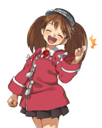 Rule 34 | 10s, 1girl, :d, ^ ^, blush, brown eyes, brown hair, closed eyes, cropped legs, flat chest, hat, japanese clothes, kantai collection, magatama, open mouth, ryuujou (kancolle), simple background, skirt, smile, solo, takoyaki neko-san, twintails, visor cap, |d
