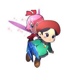 Rule 34 | 2girls, adeleine, beret, black eyes, black hair, blue eyes, blue socks, blush, blush stickers, brown footwear, chiimako, closed mouth, collared shirt, commentary request, crystal, dress, fairy, fairy wings, frown, green shirt, grey skirt, hair between eyes, hair ribbon, hat, kirby (series), kirby 64, long sleeves, multiple girls, nintendo, parted bangs, pink hair, red dress, red headwear, red ribbon, ribbon, ribbon (kirby), shirt, shoes, short hair, simple background, skirt, socks, sparkle, v-shaped eyebrows, white background, wings