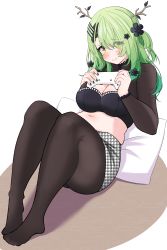 Rule 34 | 1girl, absurdres, bakedmonogamy, blush, breasts, ceres fauna, cleavage, goth fashion, green hair, highres, hololive, hololive english, large breasts, long hair, looking at viewer, navel, pantyhose, plump, pout, solo, virtual youtuber, yellow eyes