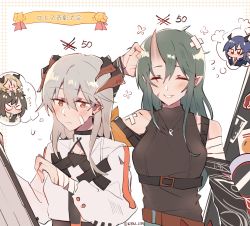 Rule 34 | 5girls, arknights, bandaged arm, bandaged head, bandages, bandaid, bandaid on face, belt, black shirt, blonde hair, blue hair, blush, brown hair, ch&#039;en (arknights), closed eyes, closed mouth, commentary request, covered collarbone, detached sleeves, dragon horns, earrings, female focus, flying sweatdrops, glasses, green hair, hand in own hair, hand up, highres, horns, hoshiguma (arknights), hoshiguma (ronin huntress) (arknights), ifrit (arknights), jewelry, kyou 039, long hair, long sleeves, multiple girls, necklace, official alternate costume, parted lips, pointy ears, saria (arknights), shirt, silence (arknights), silver hair, single horn, skin-covered horns, sleeveless, sleeveless shirt, stud earrings, thought bubble, translation request, twitter username, upper body, white background, white shirt