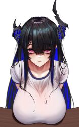 Rule 34 | 1girl, absurdres, alternate breast size, asymmetrical horns, black hair, blue hair, breasts, colored inner hair, demon horns, desk, hair ornament, highres, hololive, hololive english, horns, huge breasts, long hair, looking at viewer, mole, mole under eye, multicolored hair, nerissa ravencroft, red eyes, shirt, short sleeves, soju ice, solo, t-shirt, two-tone hair, uneven horns, upper body, very long hair, virtual youtuber