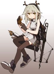 Rule 34 | 1girl, adjusting clothes, adjusting gloves, amonitto, antlers, arknights, arrow (projectile), black footwear, black gloves, bow (weapon), breasts, brown thighhighs, closed mouth, crossbow, dress, firewatch (arknights), full body, garter straps, gloves, gradient background, grey hair, hairband, horns, medium hair, partially fingerless gloves, quiver, shoes, sleeveless, sleeveless dress, small breasts, solo, thighhighs, weapon, white dress, yellow eyes