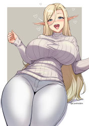 Rule 34 | 1girl, blonde hair, blue eyes, blush, breasts, cawfield, elf, highres, large breasts, long hair, long pointy ears, long sleeves, nose blush, open mouth, original, pants, pointy ears, ribbed sweater, saliva, solo, sweater, thighs, tongue, tongue out, very long hair, white pants, white sweater