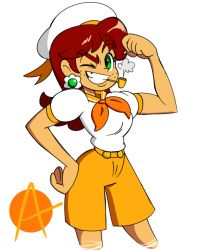 Rule 34 | 1girl, breasts, earrings, flexing, flower earrings, green eyes, grin, hand on own hip, hat, jewelry, looking at viewer, mario (series), mario kart, mario kart tour, nintendo, one eye closed, popeye the sailor, princess daisy, red hair, sailor collar, sailor hat, sailor shirt, shirt, shorts, smile, smoking pipe, tomboy