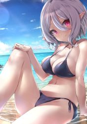 Rule 34 | 1girl, aged up, alternate breast size, beach, bikini, blush, breasts, cleavage, groin, hair between eyes, kokkoro (princess connect!), large breasts, leaning, looking at viewer, looking to the side, natsushima memo, navel, ocean, pink eyes, pointy ears, princess connect!, short hair, side-tie bikini bottom, silver hair, sitting, smile, solo, split mouth, swimsuit, water