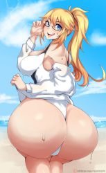 Rule 34 | 1girl, artist name, ass, beach, blonde hair, blue eyes, blush, breasts, competition swimsuit, fate/grand order, fate (series), glasses, highres, huge ass, jeanne d&#039;arc (fate), jeanne d&#039;arc (ruler) (fate), jeanne d&#039;arc (swimsuit archer) (fate), large breasts, long hair, looking at viewer, looking back, one-piece swimsuit, open mouth, outdoors, ponytail, sideboob, sky, smile, solo, swimsuit, taiger, wet, wide hips