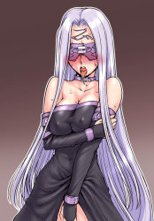 Rule 34 | 00s, 1girl, ahegao, bare shoulders, blindfold, blush, breasts, cleavage, collar, covered erect nipples, dress, elbow gloves, facial mark, fate/stay night, fate (series), female masturbation, forehead mark, gloves, large breasts, long hair, masturbation, medusa (fate), medusa (rider) (fate), no bra, no panties, purple hair, saliva, solo, st.germain-sal, strapless, strapless dress, sweat, tongue
