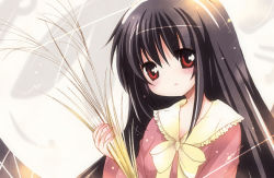 Rule 34 | 1girl, black hair, bow, bowtie, catbell, duplicate, female focus, frills, holding, houraisan kaguya, long hair, long sleeves, looking at viewer, plant, red eyes, solo, touhou, upper body, very long hair, white bow, white bowtie