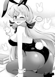 Rule 34 | 1girl, ;d, akashi (kancolle), alternate costume, animal ears, ass, back-seamed legwear, blush, book, book stack, breasts, embarrassed, fake animal ears, fake tail, from side, greyscale, hair ribbon, hairband, high heels, kantai collection, lace, large breasts, leaning forward, leg up, leotard, long hair, looking at viewer, looking to the side, monochrome, nose blush, one eye closed, open mouth, pantyhose, playboy bunny, rabbit ears, rabbit tail, raised eyebrows, ribbon, rui shi (rayze ray), seamed legwear, shiny clothes, shoes, sideboob, smile, solo, speech bubble, spoken blush, standing, standing on one leg, tail, tress ribbon, v, very long hair, wrist cuffs