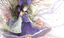 Rule 34 | 1girl, alternate color, ascot, black hair, blue eyes, bow, cowboy shot, detached sleeves, flat chest, floral background, flower, frilled skirt, frills, hair bow, hair tubes, hakurei reimu, highres, long hair, looking at viewer, player 2, sishenfan, skirt, solo, spider lily, touhou