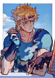 Rule 34 | battle tendency, blonde hair, blue gloves, blue shirt, brown gloves, caesar anthonio zeppeli, cigarette, closed mouth, cloud, day, elbow rest, facial mark, feather hair ornament, feathers, fingerless gloves, gloves, green eyes, hair ornament, hand on own arm, headband, highres, holding, holding cigarette, jojo no kimyou na bouken, joseph joestar, joseph joestar (young), looking at another, male focus, out of frame, scratches, shirt, short hair, short sleeves, smoke, solo focus, upper body, xianlan