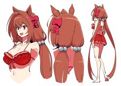 Rule 34 | 1girl, absurdres, alternate hairstyle, animal ears, arms at sides, barefoot, beads, bikini, bow, breasts, brown hair, cleavage, collarbone, concept art, cropped torso, daiwa scarlet (trifle vacation) (umamusume), daiwa scarlet (umamusume), fang, full body, hair beads, hair bow, hair intakes, hair ornament, highres, horse ears, large breasts, long hair, low twintails, multiple views, open mouth, pink bow, red bikini, red eyes, rikizo, skin fang, smile, standing, swimsuit, twintails, umamusume, upper body, very long hair