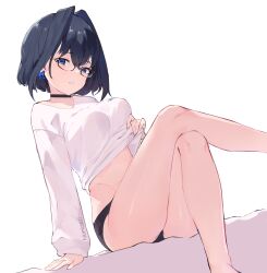 Rule 34 | 1girl, arm support, bare legs, black choker, black hair, black panties, blue eyes, blue hair, bow, bow earrings, breasts, choker, clothes lift, crossed legs, earrings, hair intakes, highres, hololive, hololive english, jewelry, large breasts, lifted by self, looking at viewer, midriff, multicolored hair, namiorii, ouro kronii, panties, parted lips, ribbon earrings, short hair, simple background, sitting, solo, sweater, sweater lift, thighs, twitter username, underwear, virtual youtuber, white background, white sweater
