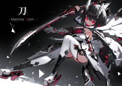 Rule 34 | 1girl, black background, black hair, capelet, colored inner hair, dress, fighting stance, garter straps, gloves, hair between eyes, high heels, holding, holding sword, holding weapon, horns, katana, looking at viewer, mamuru, medium hair, multicolored hair, original, red eyes, red hair, single glove, solo, sword, thighhighs, tsurime, weapon, white dress, white thighhighs, wristband