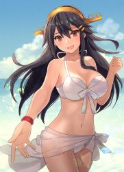 Rule 34 | 1girl, :d, bikini, black hair, blush, breasts, brown eyes, cleavage, collarbone, commentary, cowboy shot, groin, hair between eyes, hairband, haruna (kancolle), headgear, highres, kantai collection, kasumi (skchkko), large breasts, long hair, looking at viewer, navel, open mouth, sarong, smile, solo, stomach, swimsuit, white bikini, white sarong