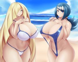 Rule 34 | 2girls, alternate breast size, areola slip, arm up, bare arms, bare legs, bare shoulders, beach, bikini, blonde hair, blue eyes, blue hair, blush, breasts, cleavage, cleft of venus, closed mouth, cloud, collarbone, covered erect nipples, creatures (company), curvy, freckles, game freak, green eyes, hair ornament, huge breasts, lana&#039;s mother (pokemon), legs together, long hair, looking at viewer, lusamine (pokemon), mature female, mleonheart, multiple girls, nail polish, navel, nintendo, outdoors, pokemon, pokemon (anime), pokemon sm (anime), ponytail, sky, slingshot swimsuit, smile, standing, stomach, swimsuit, thick thighs, thighs, very long hair, white bikini, wide hips