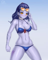 Rule 34 | 1girl, artist name, bare shoulders, bikini, blue skin, blush, breasts, cleavage, collarbone, colored skin, cowboy shot, earrings, eyelashes, eyewear on head, gluteal fold, gradient background, grigorart, jewelry, large breasts, long hair, looking at viewer, navel, overwatch, overwatch 1, purple hair, solo, standing, sunglasses, swimsuit, tattoo, thighs, widowmaker (overwatch), yellow eyes