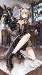 Rule 34 | 1girl, bar (place), black gloves, blush, breasts, broken glass, bullpup, chadlink, choker, coat, commentary request, commission, double bun, earrings, full body, girls&#039; frontline, glass, gloves, grin, gun, hair between eyes, hair bun, highres, holding, holding gun, holding phone, holding weapon, indoors, jewelry, legs, light brown hair, medium breasts, necktie, official alternate costume, on one knee, p90, p90 (girls&#039; frontline), p90 (the girl from b.e.l) (girls&#039; frontline), personal defense weapon, phone, pixiv commission, red eyes, short hair, skirt, smile, solo, submachine gun, trench coat, weapon