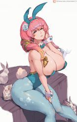 Rule 34 | 1girl, animal ears, artist name, bare shoulders, blue eyes, breasts, cleavage, curvy, cutesexyrobutts, fake animal ears, fire emblem, fire emblem heroes, flower, gradient hair, gunnthra (fire emblem), hair flower, hair ornament, hairband, highres, large breasts, leotard, looking at viewer, multicolored hair, nintendo, parted lips, pink hair, playboy bunny, rabbit, rabbit ears, rabbit tail, sitting, smile, solo, tail, thick thighs, thighs, white background, wrist cuffs