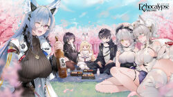 Rule 34 | 1boy, 5girls, animal ears, bandaged leg, bandages, bare shoulders, bento, black hair, black sweater, blonde hair, blue hair, bottle, bra visible through clothes, breasts, cherry blossoms, coat, copyright name, echocalypse, eriri (echocalypse), fake animal ears, falling petals, female protagonist (echocalypse), fenriru (echocalypse), flower, fur collar, glasses, grass, green eyes, grey hair, hair flower, hair ornament, hanami, hat, highres, huge breasts, jewelry, kinokohime, large breasts, male protagonist (echocalypse), medium breasts, military hat, multiple girls, necklace, official art, one eye closed, outdoors, pantyhose, petals, purple eyes, rabbit ears, red eyes, ribbed sweater, rose, second-party source, small breasts, snezhana (echocalypse), sova (echocalypse), sweater, tree, turtleneck, turtleneck sweater, white coat, white flower, white pantyhose, white rose, yellow eyes