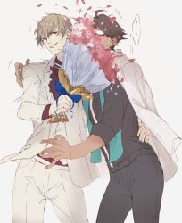 Rule 34 | ..., 2boys, blonde hair, bouquet, brown hair, casual suit, covering face, dark-skinned male, dark skin, earrings, fate/grand order, fate (series), flower, formal, gilgamesh (fate), highres, jewelry, multiple boys, official alternate costume, ozymandias (fate), petals, pvc parfait, suit