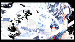 Rule 34 | 1girl, abstract background, album cover, attack, blue dress, blue eyes, blue hair, collared dress, cover, crystal, dress, expressionless, from side, hair rings, hand on own chest, highres, ice, kaku seiga, ruuya higashino, short hair, short sleeves, solo, takamachi walk, touhou