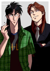 Rule 34 | 2boys, absurdres, black hair, black jacket, black shirt, blazer, brown hair, cigarette, clenched teeth, closed mouth, collared shirt, commentary request, facial scar, formal, fukumoto nobuyuki (style), green shirt, grey background, highres, holding, holding cigarette, ichijou seiya, itou kaiji, jacket, kaiji, long hair, long sleeves, looking at another, looking to the side, male focus, medium bangs, multiple boys, necktie, official style, open clothes, open shirt, parody, parted bangs, plaid, plaid shirt, pointy nose, raised eyebrow, red shirt, scar, scar on cheek, scar on face, shirt, smile, smoking, style parody, suit, teeth, upper body, usarinko, white background, white necktie