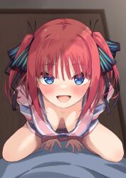 1girl :d black_ribbon blue_eyes blunt_bangs blush breasts breasts_apart butterfly_hair_ornament cleavage collarbone commentary_request downblouse extended_downblouse eyebrows_hidden_by_hair eyelashes from_below girl_on_top go-toubun_no_hanayome good_morning_my_brother_(meme) grey_pajamas hair_ornament hair_ribbon hanging_breasts highres indoors leaning_forward looking_at_viewer medium_breasts medium_hair meme nakano_nino no_bra open_mouth pajamas pink_pajamas pov profnote red_hair ribbon scene_reference sidelocks simple_background sitting smile solo_focus straddling tokidoki_bosotto_roshia-go_de_dereru_tonari_no_alya-san two-tone_pajamas two_side_up