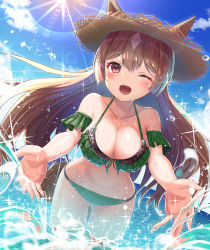 Rule 34 | 1girl, :d, animal ears, bikini, blue sky, breasts, brown hair, cleavage, cloud, commentary request, frilled bikini, frills, gluteal fold, green bikini, hair ornament, hat, highres, horse ears, horse girl, horse tail, long hair, looking at viewer, navel, ocean, one eye closed, open mouth, outdoors, red eyes, satono diamond (umamusume), sky, smile, splashing, standing, stomach, straw hat, sun, sunlight, swimsuit, tail, teeth, thigh gap, umamusume, upper teeth only, wading, wanderlucia, water, water drop