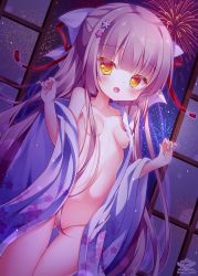 Rule 34 | 1girl, blush, bow, breasts, cleft of venus, covered erect nipples, fireworks, floral print, flower, fuxiyu, gluteal fold, grey hair, hair bow, hair censor, hair flower, hair ornament, hair ribbon, highres, indoors, japanese clothes, kimono, long hair, long sleeves, looking at viewer, midriff, navel, no bra, no panties, off shoulder, open clothes, open kimono, open mouth, original, pussy, pussy peek, red bow, red ribbon, ribbon, shouji, sliding doors, small breasts, solo, stomach, thighs, very long hair, white bow, wide sleeves, yellow eyes
