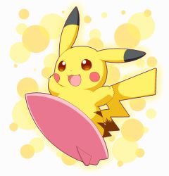 Rule 34 | animal ears, arms up, brown eyes, from below, full body, gen 1 pokemon, happy, looking up, neru (neruneruru), open mouth, pikachu, pokemon, pokemon (creature), pokemon rgby, simple background, smile, solo, surfboard, surfing, tail, yellow background
