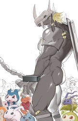 Rule 34 | 1boy, armor, ass, bara, bound, chain, character request, colored skin, cuffs, cum, cumdrip, digimon, fake horns, feet out of frame, from side, furry, furry male, grey skin, half-erect, handcuffs, helmet, horned helmet, horns, large pectorals, luboyaqqz, male focus, muscular, muscular male, naked armor, pectorals, short hair, solo, standing, thick thighs, thighs