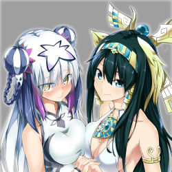 Rule 34 | 2girls, @ichigo, armlet, asymmetrical docking, bare shoulders, black hair, blue eyes, breast press, chinese clothes, double bun, egyptian, hairband, haku (p&amp;d), holding hands, headdress, highres, interlocked fingers, isis (p&amp;d), jewelry, long hair, lots of jewelry, multicolored hair, multiple girls, puzzle &amp; dragons, silver hair, smile, yellow eyes