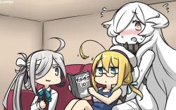 Rule 34 | 10s, 3girls, :3, abyssal ship, ahoge, aqua bow, aqua bowtie, asashimo (kancolle), blonde hair, blue eyes, book, bow, bowtie, brown eyes, dated, dress, flying sweatdrops, french battleship princess, glasses, grey eyes, hair over one eye, hamu koutarou, hat, highres, holding, holding book, huge ahoge, i-8 (kancolle), kantai collection, long hair, long sleeves, low twintails, multiple girls, name tag, open book, purple dress, reading, red-framed eyewear, sailor hat, school swimsuit, shirt, sleeveless, sleeveless dress, swimsuit, twintails, white hair, white hat, white shirt
