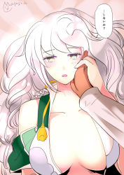 Rule 34 | 10s, 1girl, bare shoulders, breasts, cloud print, crop top, hair down, hand on another&#039;s face, jitome, kantai collection, large breasts, long hair, masago (rm-rf), masagomi, open clothes, open mouth, pale skin, remodel (kantai collection), silver hair, solo focus, unryuu (kancolle), upper body, very long hair, wavy hair, yellow eyes