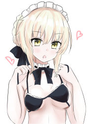 Rule 34 | 1girl, absurdres, adjusting clothes, adjusting swimsuit, artoria pendragon (all), artoria pendragon (alter swimsuit rider) (second ascension) (fate), artoria pendragon (fate), bare shoulders, black bra, black skirt, blonde hair, blush, bra, breasts, cleavage, collarbone, commentary request, fate/grand order, fate (series), free chess, highres, looking at viewer, maid, maid headdress, medium breasts, neck ribbon, open mouth, ribbon, saber (fate), saber alter, sideboob, skirt, solo, swimsuit, underboob, underwear, upper body, yellow eyes
