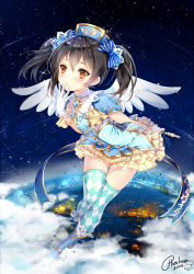 Rule 34 | 10s, 1girl, :o, angel wings, argyle, argyle clothes, argyle legwear, black hair, cloud, flying, frilled skirt, frills, gloves, gradient background, hand on own face, hat, hieihirai, holding, light particles, love live!, love live! school idol festival, love live! school idol project, red eyes, short hair, skirt, solo, twintails, white gloves, wings, yazawa nico