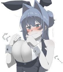Rule 34 | 1girl, animal ears, blush, breasts, buttoning, buttons, cleavage, commentary request, fake animal ears, fang, hair between eyes, hair intakes, highres, jacket, large breasts, leotard, looking down, miton-chan (miton (turuyasann)), miton (turuyasann), original, rabbit ears, simple background, solo, sound effects, unfastened, upper body