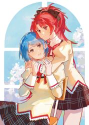 Rule 34 | 2girls, absurdres, arms around neck, black skirt, blue eyes, blue hair, blue sky, bow, bowtie, chinese commentary, collared jacket, commentary request, cowboy shot, day, hair bow, hair ornament, hairclip, hands on another&#039;s arm, highres, jacket, jewelry, juliet sleeves, long hair, long sleeves, mahou shoujo madoka magica, mahou shoujo madoka magica (anime), miki sayaka, mitakihara school uniform, multiple girls, parted lips, plaid, plaid skirt, ponytail, puffy sleeves, red bow, red bowtie, red eyes, red hair, ring, sakura kyoko, school uniform, short hair, skirt, sky, smile, standing, swept bangs, window, yellow jacket, yuri, ziyin