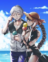 Rule 34 | 1boy, 1girl, bare shoulders, beach, blue shorts, blue sky, blush, braid, braided ponytail, breasts, brown eyes, brown hair, choker, cleavage, closed eyes, collarbone, day, earrings, fate/grand order, fate (series), food, glasses, hat, heroic spirit festival outfit, highres, ice cream, jacket, jewelry, long hair, long sleeves, medium breasts, multiple earrings, navel, open mouth, outdoors, prince of lan ling (fate), prince of lan ling (festival outfit) (fate), ribbon trim, seeds328, short hair, shorts, silver hair, single braid, sky, smile, straw hat, very long hair, yu mei-ren (fate), yu mei-ren (festival outfit) (fate)
