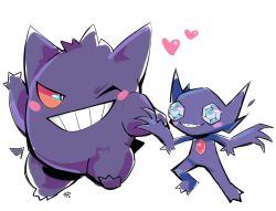 Rule 34 | blush stickers, commentary, commission, creatures (company), english commentary, game freak, gen 1 pokemon, gen 3 pokemon, gengar, grin, heart, highres, holding hands, milka (milk4ppl), nintendo, no humans, one eye closed, pokemon, pokemon (creature), sableye, signature, simple background, smile, teeth, white background