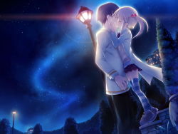 Rule 34 | 1boy, 1girl, age difference, closed eyes, flat chest, game cg, hair bobbles, hair ornament, height difference, hetero, highres, hiiragi chiyoko, kiss, kiss to lord to darjeeling, lamppost, legs, lens flare, light, mikeou, night, night sky, sasorigatame, sky, star (sky), star (symbol), starry sky, striped clothes, striped thighhighs, surprised, thighhighs, tiptoe kiss, tiptoes, zettai ryouiki
