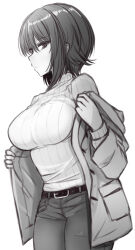 belt black_belt breasts coat collarbone from_side girls_und_panzer greyscale highres kitayama_miuki large_breasts looking_at_viewer monochrome nishizumi_maho open_clothes open_coat putting_on_coat short_hair sweater thighs white_sweater