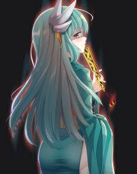 Rule 34 | 1girl, aqua hair, ass, aura, black background, blush, breasts, eyebrows, fate/grand order, fate (series), folding fan, gn2, green hair, hair ornament, hand fan, horns, japanese clothes, kimono, kiyohime (fate), long hair, looking at viewer, no panties, parted lips, pelvic curtain, shaded face, shiny clothes, shiny skin, smile, solo, very long hair, yellow eyes