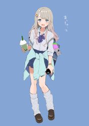 Rule 34 | 1girl, :d, bag, blue background, blush, bracelet, bubble tea, cellphone, cup, dddd akagi, disposable cup, full body, gradient hair, grey hair, gyaru, hair ornament, hairpin, highres, holding, holding cup, holding phone, idolmaster, idolmaster shiny colors, jacket, jacket partially removed, jewelry, kogal, loafers, long hair, looking at viewer, loose neck ribbon, loose socks, multicolored hair, open mouth, phone, pink hair, plaid, plaid skirt, pleated skirt, school bag, school uniform, serizawa asahi, shirt, shoes, simple background, skirt, smile, socks, solo, wavy hair, white shirt
